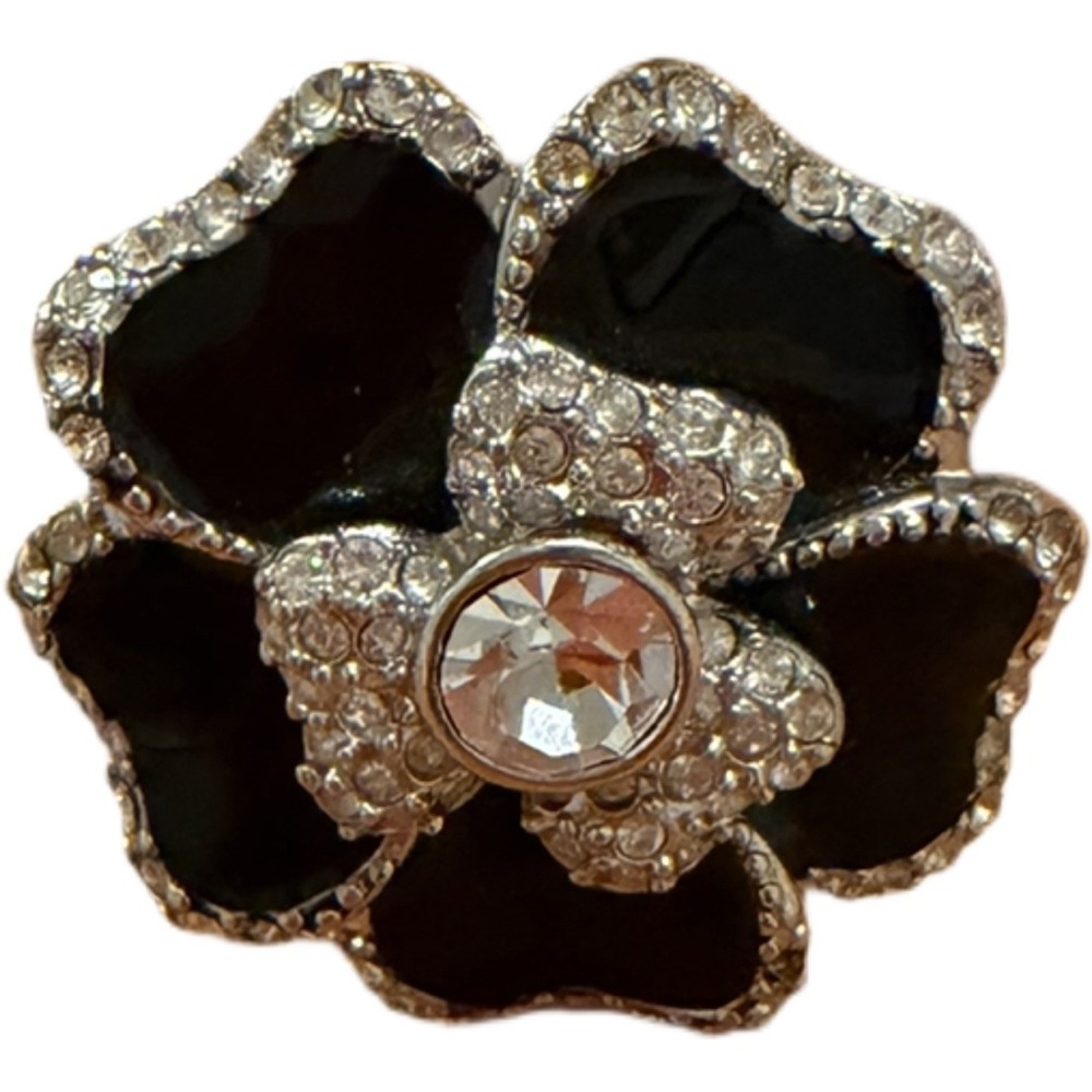 lia sophia Sparkling Rhinestone & Black Enamel Flower Ring Silver Plate Sz 8